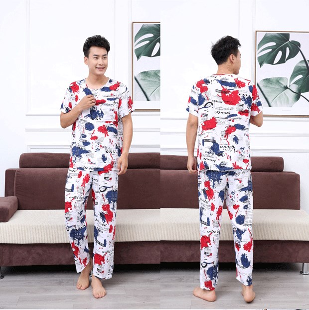 Bộ đồ ngủ bằng vải cotton nam điều hòa không khí quần áo phù hợp với quần ngắn tay thanh niên XL nhân tạo cotton mỏng phục vụ mùa hè - Giống cái bộ cotton mặc nhà