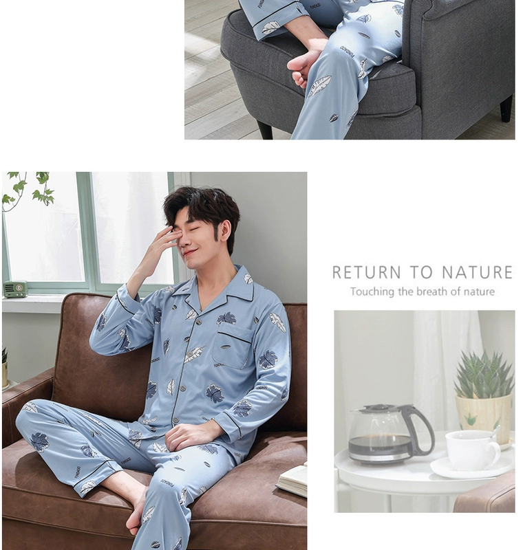 Nam Cực 100% cotton đồ ngủ nam dài tay thanh niên trung niên mùa xuân và mùa thu mùa đông mỏng phần phục vụ nhà giản dị