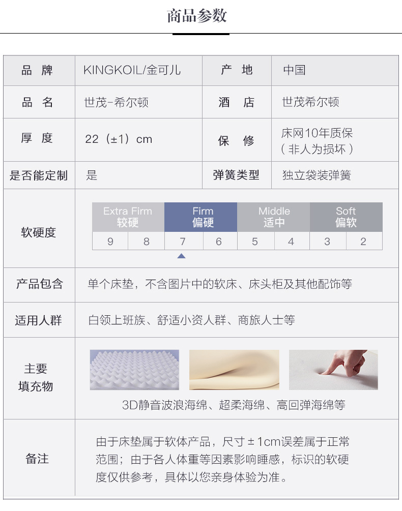 金可儿 世茂希尔顿联名定制款 护脊席梦思床垫 1.5/1.8*2m 图13