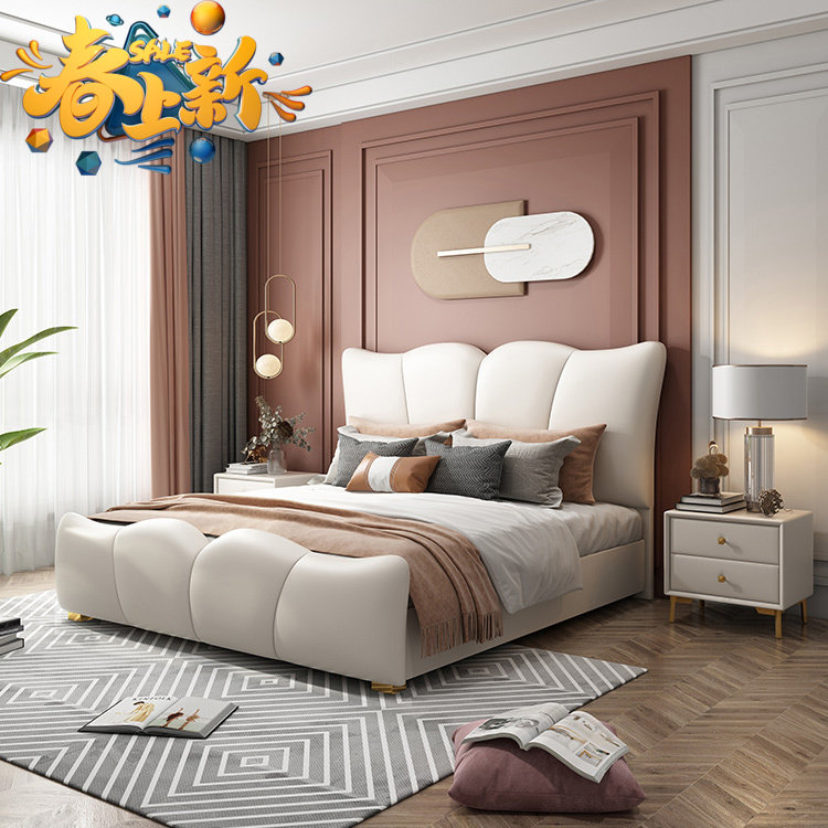 American new pine wood bed board soft bag headboard Nordic in light lavish bed net red pu leather bed double bed main wedding bed