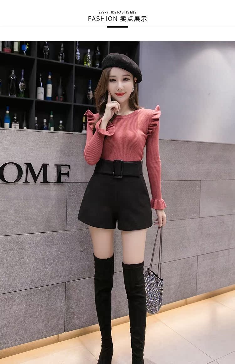 Quần short len ​​nữ mùa thu đông 2018 mới eo cao thon gọn quần âu rộng chân rộng một chiếc quần bốt từ mặc quần sooc đũi nữ