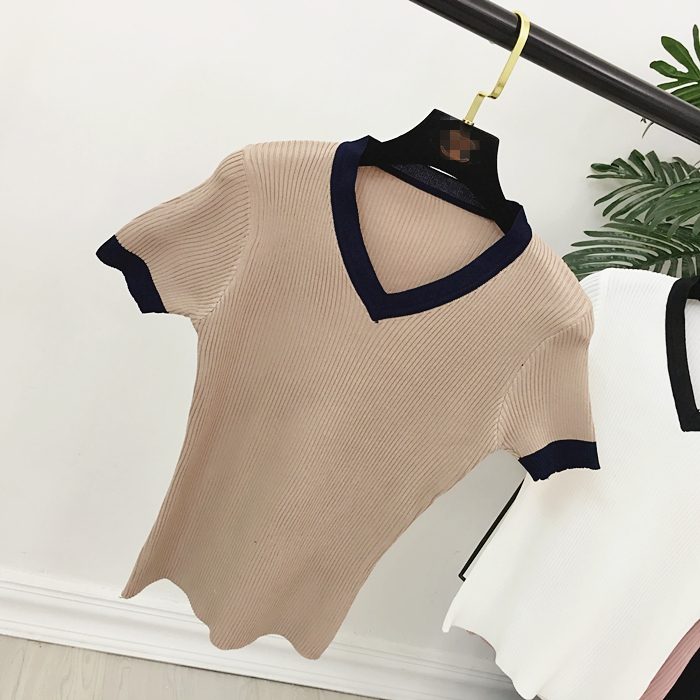 2017 mùa xuân và mùa hè của phụ nữ tương phản màu v-cổ tay áo tay áo len knit slim stretch mỏng ngắn tay áo sơ mi áo kiểu trung niên hàn quốc