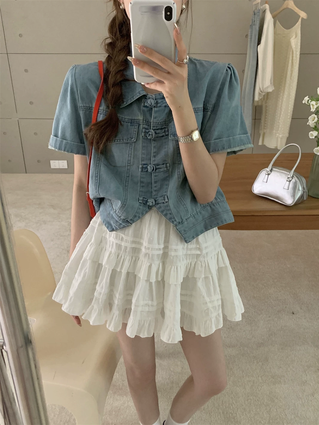 White summer skirt, protective underware, mini-skirt, A-line