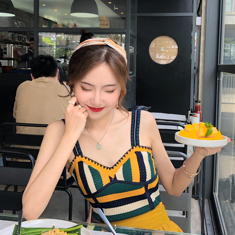 Tourism Retro Rework Hook Flowers Ram Color Chic Knit Harness Vest Woman Summer Wear slim inner lap sleeveless blouse