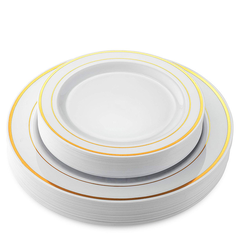 Disposable Hard Plastic Imitation Porcelain Hollow Gold Western-Style Dinner Plates for Parties, Picnics, Cupcake Dishes, and Dinner Plates