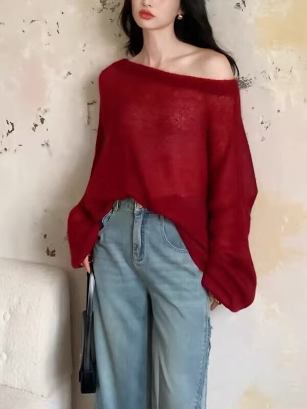 New Year's Fashion One-Line Collar Cashmere Sweater for Women, Loose and Lazy Style Pullover Knitwear, Slightly See-Through Base Layer Top