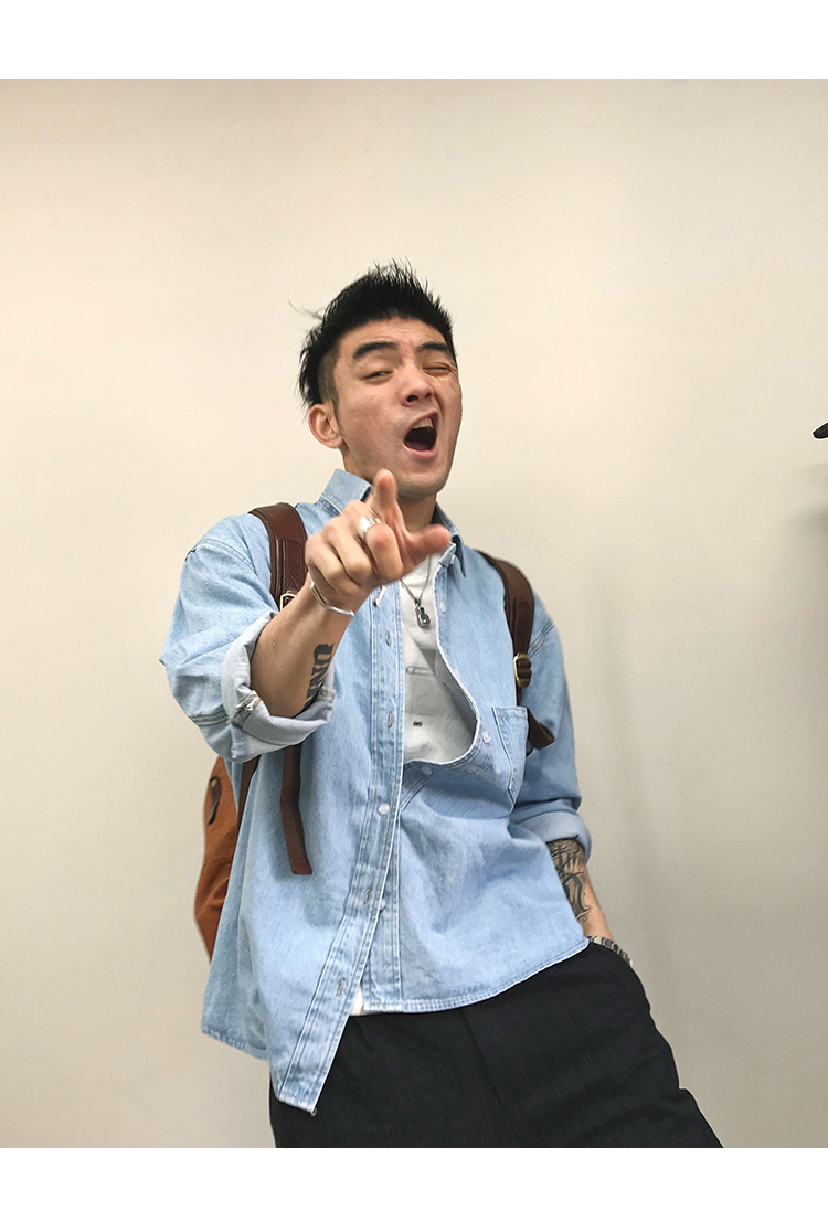 Xu Tailang Mùa xuân và hè mới in cùng một đoạn sơ mi denim nhẹ thương hiệu thời trang đường phố nam buông tha áo dài tay - Áo áo dài tay phồng