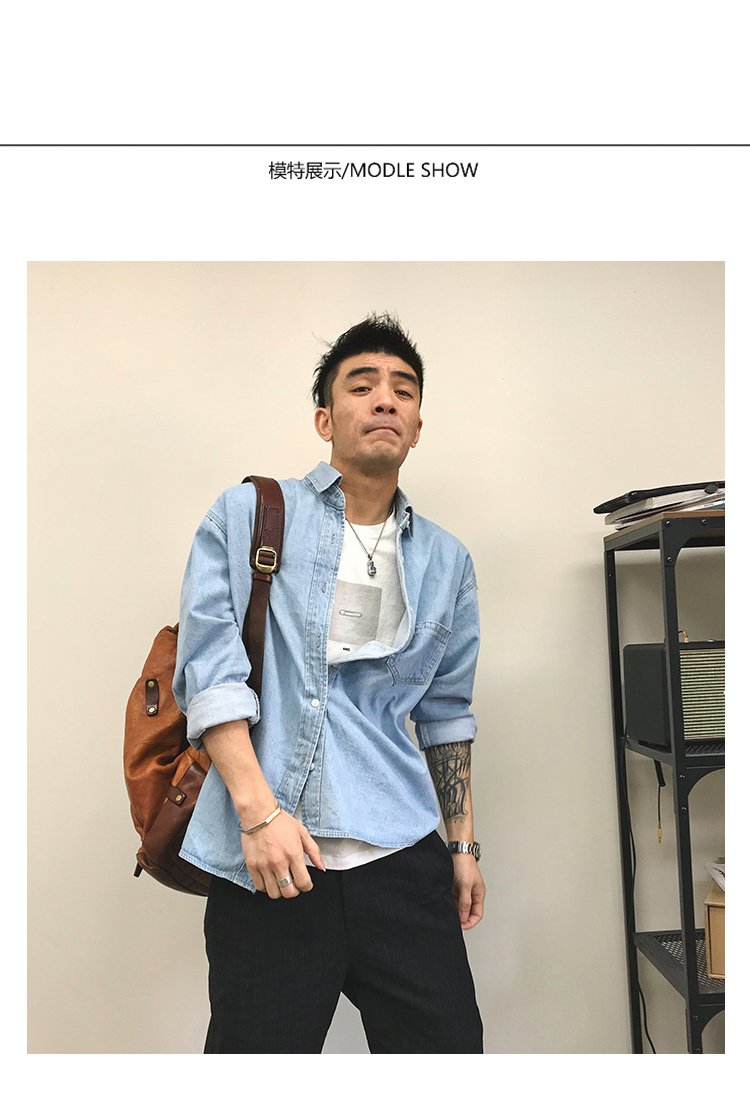 Xu Tailang Mùa xuân và hè mới in cùng một đoạn sơ mi denim nhẹ thương hiệu thời trang đường phố nam buông tha áo dài tay - Áo áo dài tay phồng