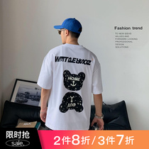 Xu Tailang Brief Han Craze Short Sleeve Mens Summer Trend Round Collar Loose Cartoon Printed Pure Cotton T-Shirt Blouse