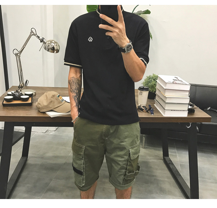 ALANG Summer Solid Tide Thương hiệu Áo thêu POLO nam Chất lượng cao Nhật Bản Vintage Slim Lapel Paul ngắn tay áo thun nam có cổ