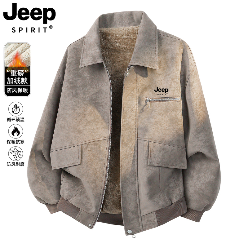 Jeep Lapel Leather Jacket for Men 2025 New Winter Fleece-Lined Thickened Windproof Warm American Workwear Jacket for Men