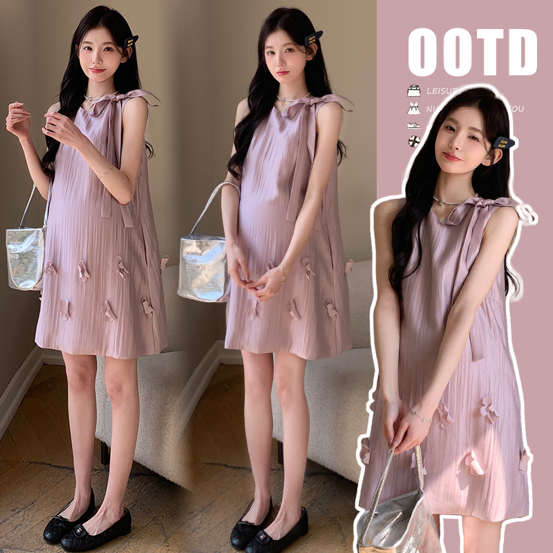 Maternity Dress for Summer, High-End Style during Pregnancy, French-Style Three-Dimensional Floral Sleeveless Tank Dress for Petite Women in Summer