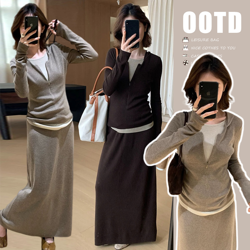 Maternity Wear Autumn Set Stylish Early Autumn Old Money Style Casual Hooded Knit Top and Skirt for Spring and Autumn Maternity Wear Autumn Set Stylish Early Autumn Old Money Style Casual Hooded Knit Top and Skirt for Spring and Autumn
