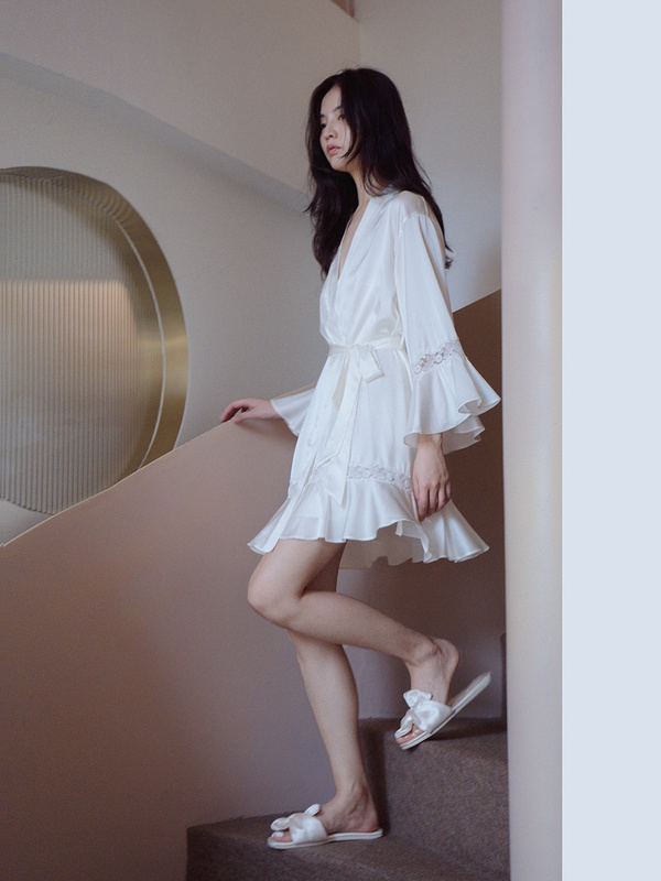 Jingjor Home Pure Desire Elegant Camisole Nightgown Robe Set for Women Summer Thin Satin Solid Color Bridal Morning Gown