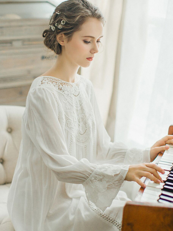 Jingjor Home French Palace Style Pure Cotton Long Sleeve Nightgown Women's Princess Pajamas Ancient Style Nightgown Homewear Summer