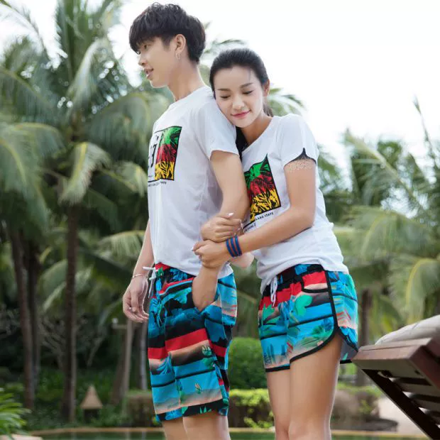 Cặp đôi phù hợp với kỳ nghỉ hè tuần trăng mật bên bờ biển kỳ nghỉ đi biển cotton in áo thun ngắn tay nam và nữ quần short nhanh khô quần đi biển tập the	