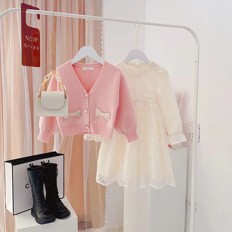 Girls suit 2023 Spring and Autumn new Han - Edition children's lace dress girls sweater and gas two - piece set