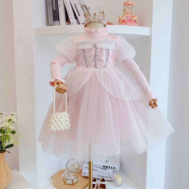 2021 - Fell - winter 2021 new plus sweater girl Aisa long sleeve dress ice - snow - edge Princess dress