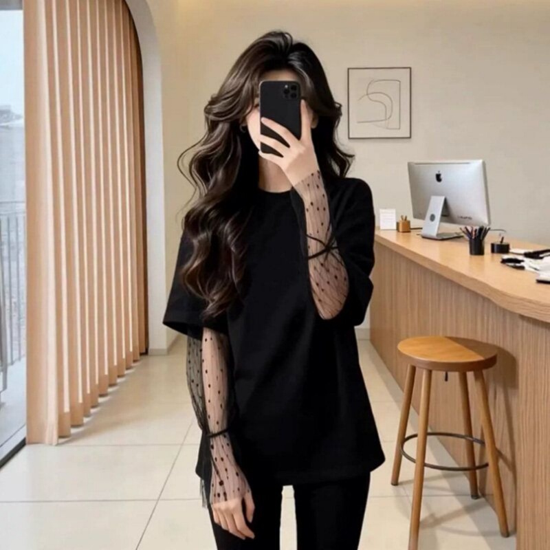 2026 Summer New Popular Design Korean Style Lace Splicing Fake Two-Piece Loose Sun Protection Long-Sleeved T-Shirt Top 2026 Summer New Popular Design Korean Style Lace Splicing Fake Two-Piece Loose Sun Protection Long-Sleeved T-Shirt Top