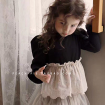 Clearance spot{Peach pie}Korean childrens clothing autumn lace stitching girls knitted cotton thin velvet T-shirt 335