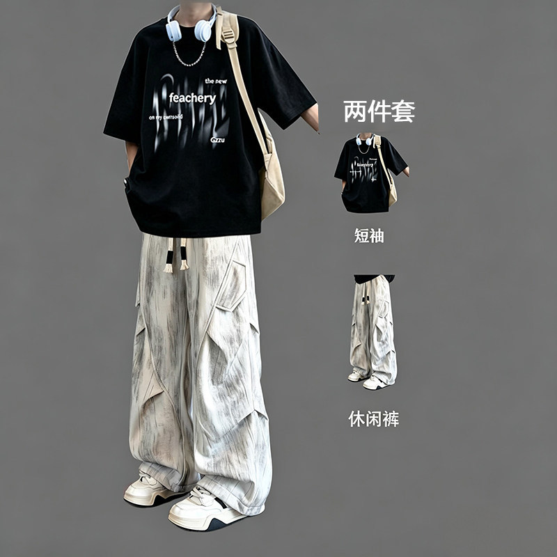 Summer Cool and Stylish Men's Suit for Teenagers, American Trendy Short-Sleeved T-Shirt Paired with High-Street Casual Pants, Fashionable Two-Piece Set