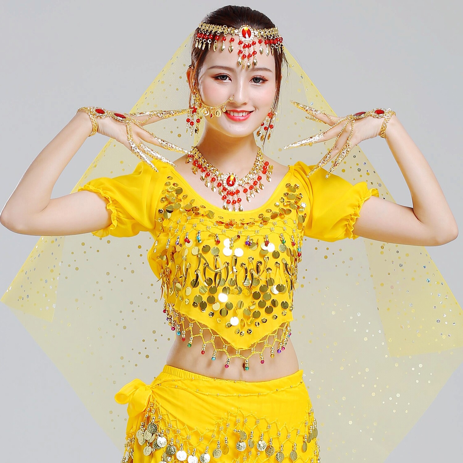 Belly Leather Folk Dance Costume Jewellery India Dance Performance Accessories Red Pearl Headwear Headscarf Earrings Hand-made Necklace