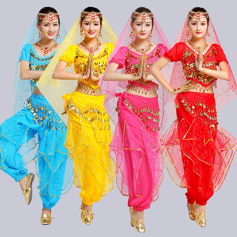 Indian dance clothes spring and summer suit with bead embroidery short sleeves practice belly dance trousers autumn and winter stage performance suit