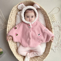 Baby cloak girls baby clothes super cute and stylish winter plus velvet for going out one year old windproof shawl jacket winter