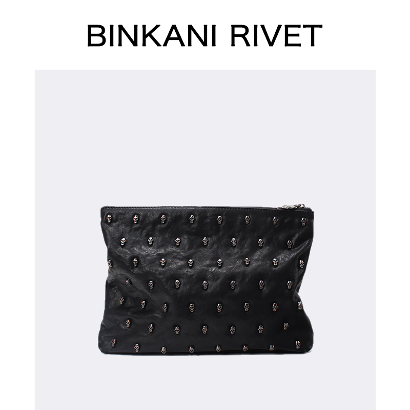 French Binkney Skull Skull Head Rivets Handbags Men Genuine Leather Envelopes Bag Men's Leather Hand Grip Clip Bag Large Capacity