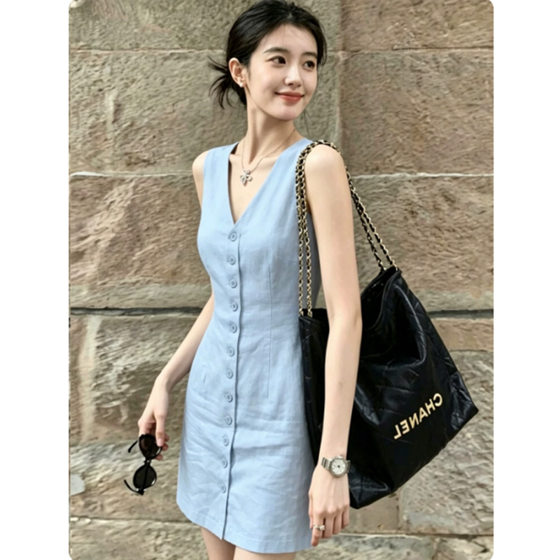 Korean Minimalist Style Linen Blue Sleeveless Dress for Women, Single-Breasted, Waist-Cinching, Slimming, Old Money Style, Short Dress for Petite Figures Korean Minimalist Style Linen Blue Sleeveless Dress for Women, Single-Breasted, Waist-Cinching, Slimming, Old Money Style, Short Dress for Petite Figures