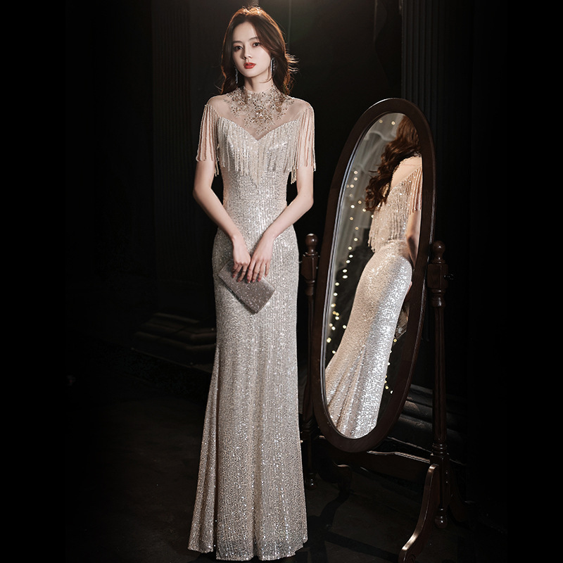2025 New Evening Dress with Tassels for Petite Models, Performance, Banquet, Graduation, Host, Mid-Length Fishtail Dress