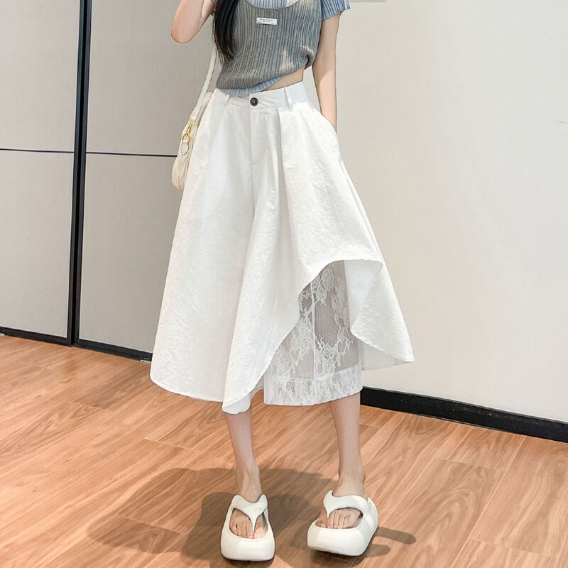 Designed Lace Irregular Wide-Leg Pants for Women, 2026 Summer New Style, Faux Two-Piece Cropped Skirt Pants, High-Waisted Casual Pants Designed Lace Irregular Wide-Leg Pants for Women, 2026 Summer New Style, Faux Two-Piece Cropped Skirt Pants, High-Waisted Casual Pants