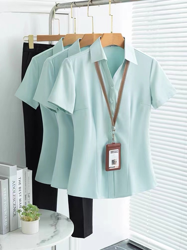 Bamboo Fiber Green V Neck Shirt Women's Short-Sleeved Summer Workwear Interview Formal Wear Elastic White Shirt Professional Work Clothes
