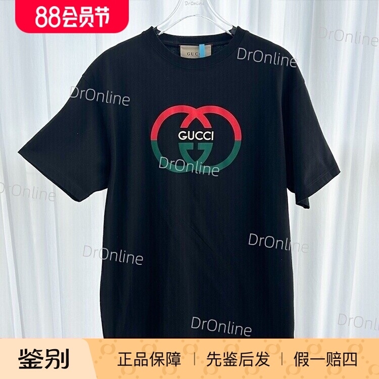 [Domestic] Gucci Red and Green Double g Letter Logo Pattern Round Neck Black Short-Sleeved T-Shirt