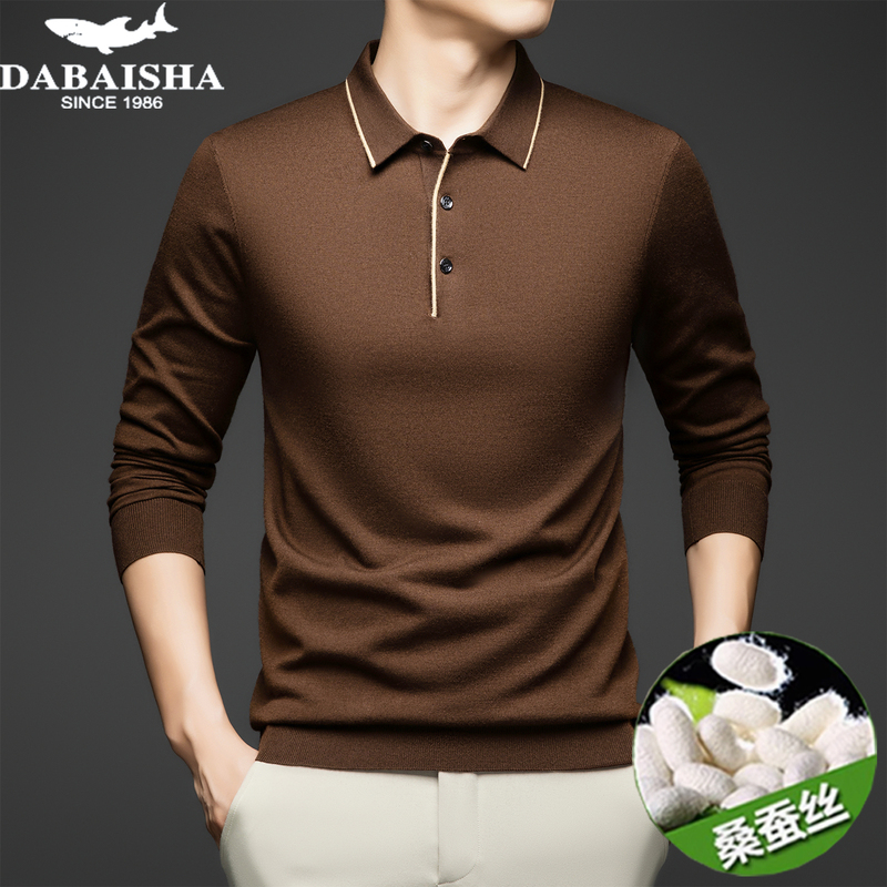 Great White Shark 100% Mulberry Silk Long Sleeve T-Shirt for Middle-Aged Men, New Autumn High-End Knitted Polo Shirt for Dad