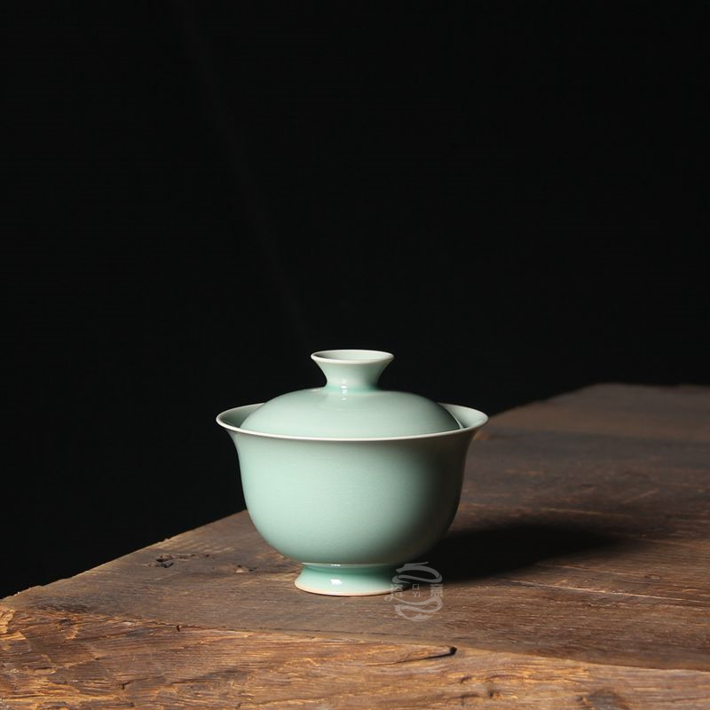 龙泉青瓷二才盖碗弟窑青釉敬茶碗陶瓷素面手工泡茶碗功夫茶具茶碗