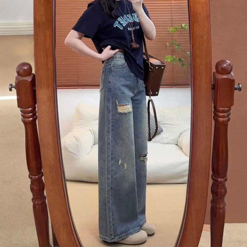 Vintage Ripped Wide-Leg Jeans for Petite Women, Relaxed High-Waisted Drapey Loose Straight-Leg Spring Pants