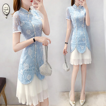 Blue Qipao Improved Version Dress Dress Woman Summer Light Luxurious And Noble Name 100 Pleated Skirt Two Suit Dress