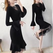 Knitted one-piece dress 2022 new early spring temperament Fan clothes Long style sweater dress overskirt with knee bottom skirt spring