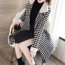 Houndstooth popular coat womens 2021 new autumn and winter models imitation mink velvet temperament long over-the-knee coat women thickened