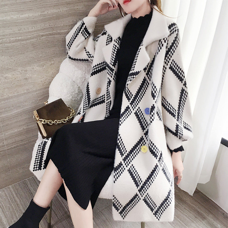 Winter Thousand Birds Plaid Ferrets Pop Up Pop Great Coat Woman New 2022 Water Mink Suede Thickened Autumn Winter Coat Medium Long Version