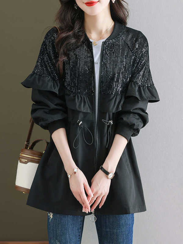 Heavy Sequin Embellished Drawstring Waist Trench Coat for Women, New Spring and Autumn Korean Style Versatile Fashionable Mid-Length Coat