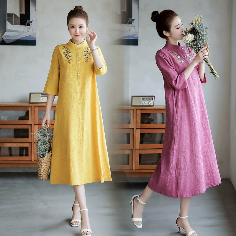 Phong cách dân tộc retro cotton mỏng và vải lanh váy đỏ cỡ lớn của phụ nữ thêu năm điểm tay áo dài rộng giữa chiều dài - Váy dài