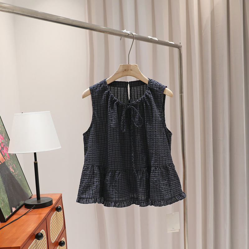 Retro Forest Style Round Neck Lace-Up Sleeveless Plaid Shirt for Women 2026 Summer Loose Ruffled Babydoll Top Retro Forest Style Round Neck Lace-Up Sleeveless Plaid Shirt for Women 2026 Summer Loose Ruffled Babydoll Top