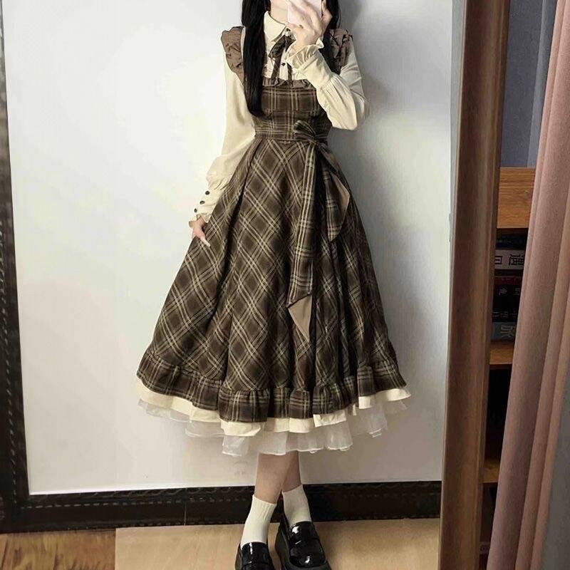 2024 Winter New Sweet Ruffled High-Waisted Age-Reducing Dress Long Skirt Women's Preppy Style Dress