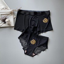Black romantic couple panties summer ice silk lace cute cartoon mid-waist sexy couple suit