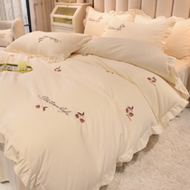Girl heart Cherry Princess wind bed podium four-piece set Winter thickened cotton cotton nude sleeping lace ins quilt cover