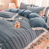 One side velvet and one side velvet dual use coral fleece water washing cotton four-piece set plus velvet milk Velvet crystal velvet quilt cover princess style