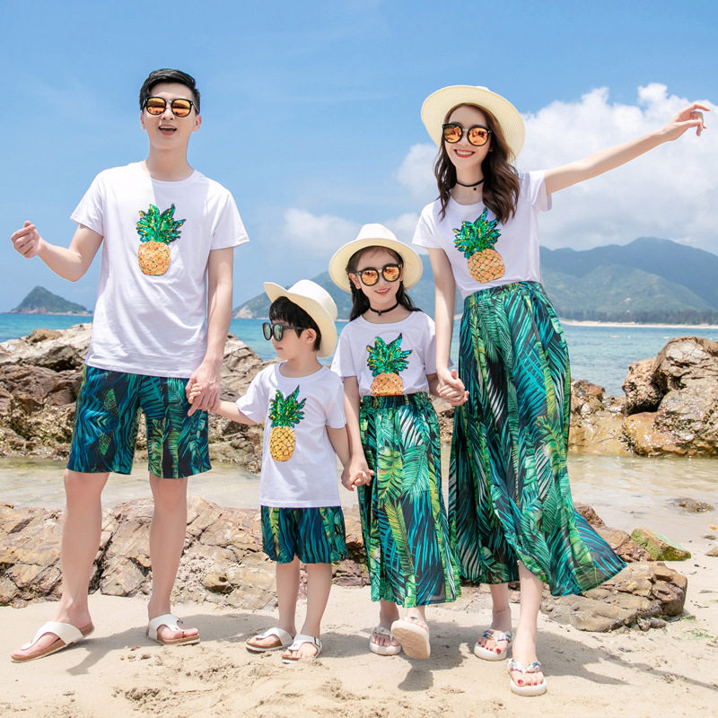 Parent-child summer dress a family of four high-end mother and son seaside vacation mother and daughter suit skirt Western style fashion summer