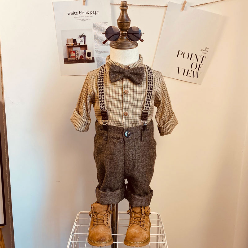 Autumn and winter baby boy three-piece dress children's foreign suit flower boy vest boy's first birthday strap set